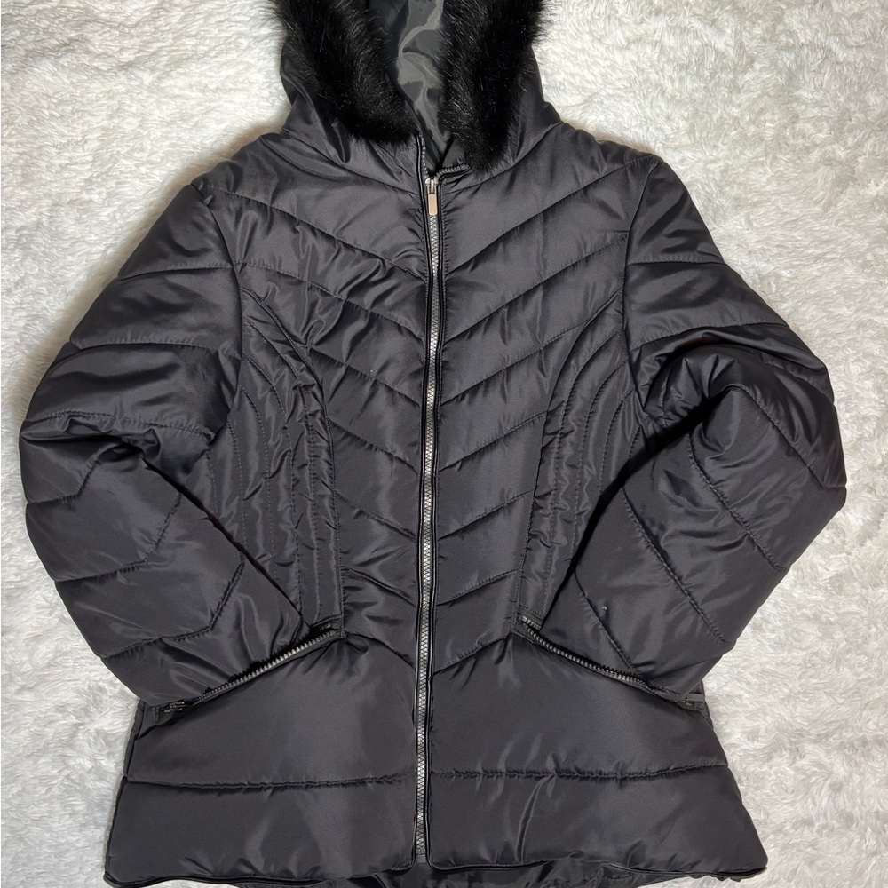 Celebrity Pink Charcoal Puffer Jacket with Faux Fur Hood
